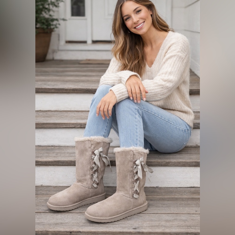Women's Taupe‎ Suede Winter Boots with Ribbon
